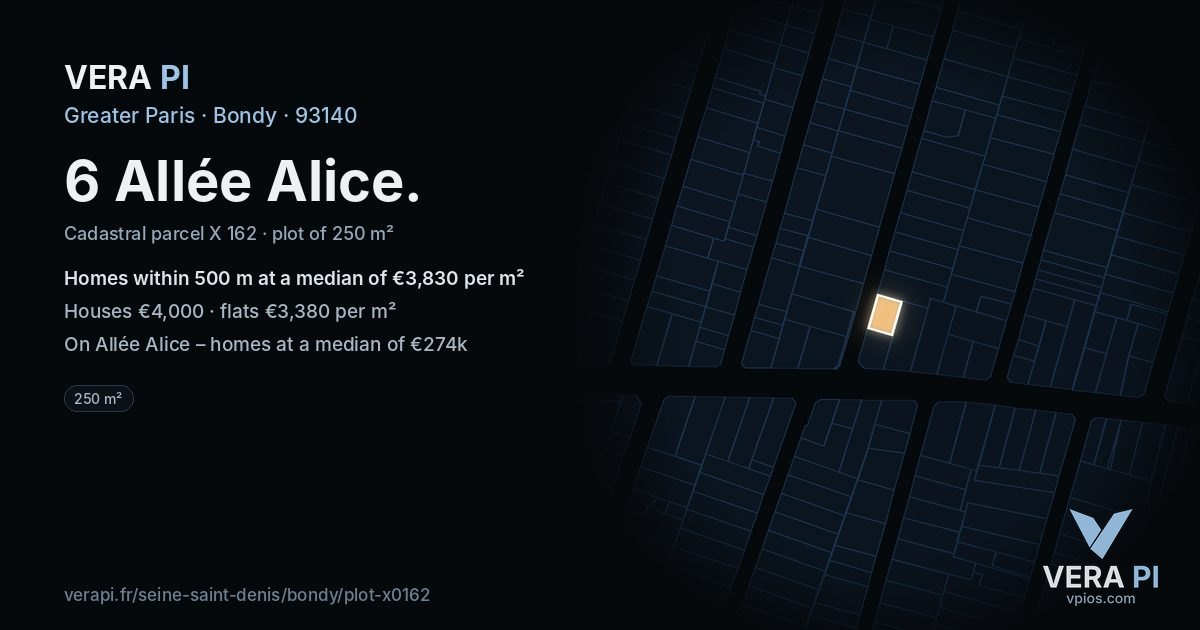 6 Allée Alice, Bondy at night – the plot lit, the parcels around coloured by the prices near them