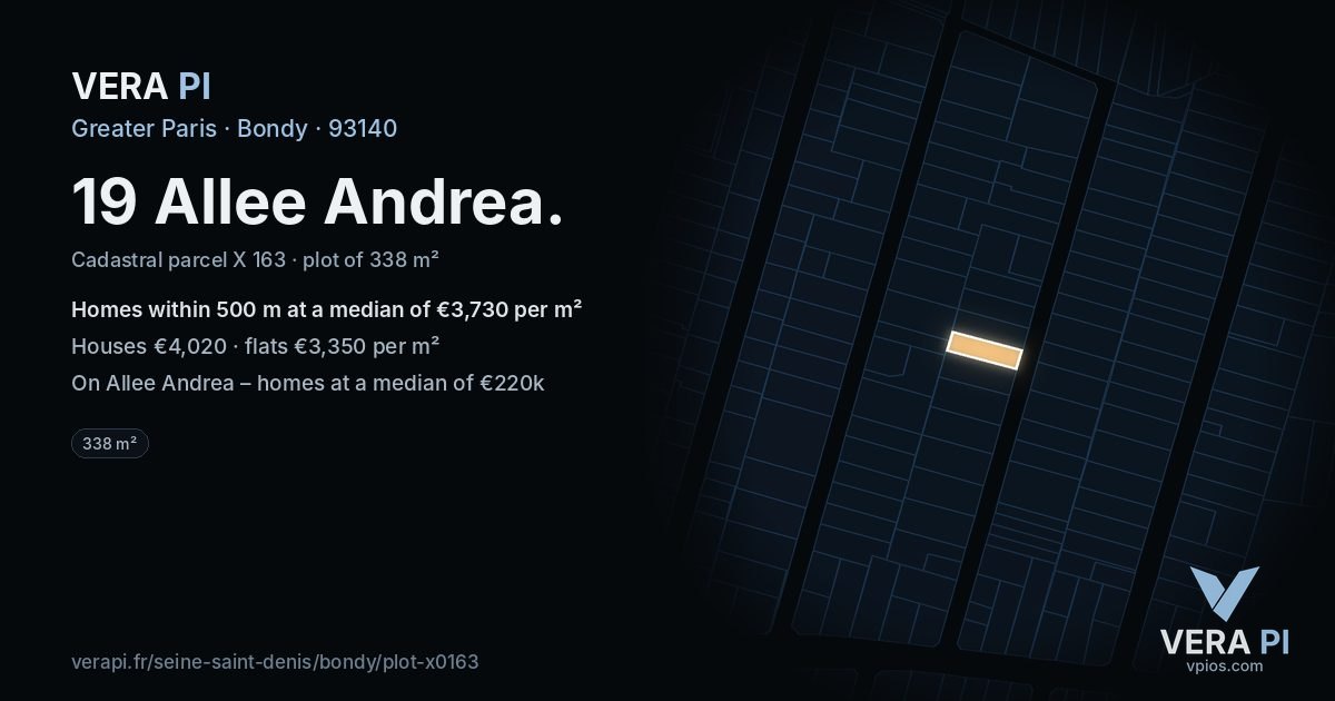 19 Allee Andrea, Bondy at night – the plot lit, the parcels around coloured by the prices near them