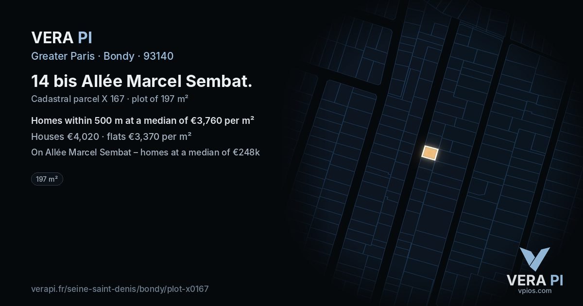 14 bis Allée Marcel Sembat, Bondy at night – the plot lit, the parcels around coloured by the prices near them