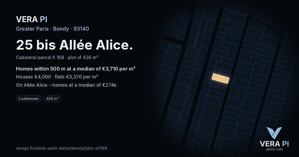 25 bis Allée Alice, Bondy at night – the plot lit, the parcels around coloured by the prices near them