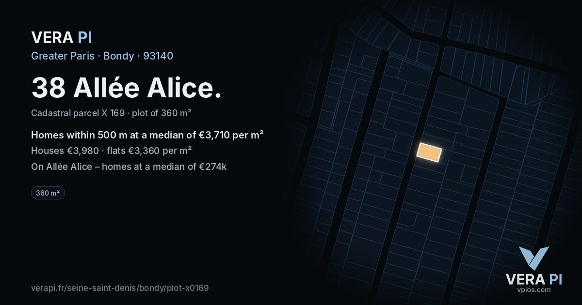 38 Allée Alice, Bondy at night – the plot lit, the parcels around coloured by the prices near them