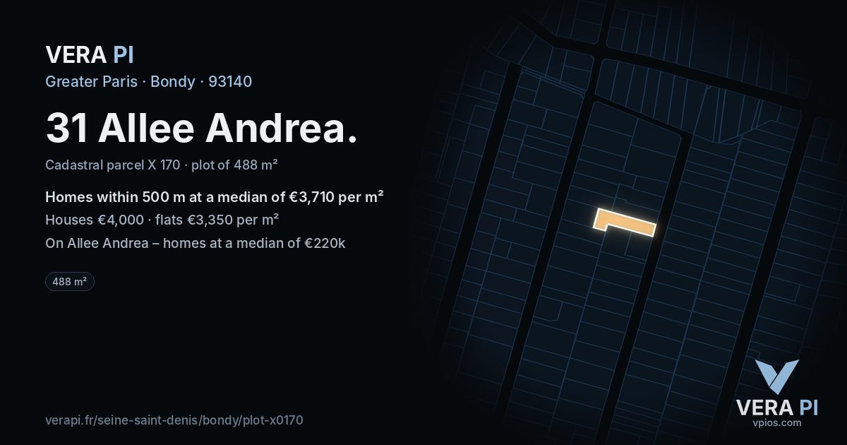 31 Allee Andrea, Bondy at night – the plot lit, the parcels around coloured by the prices near them