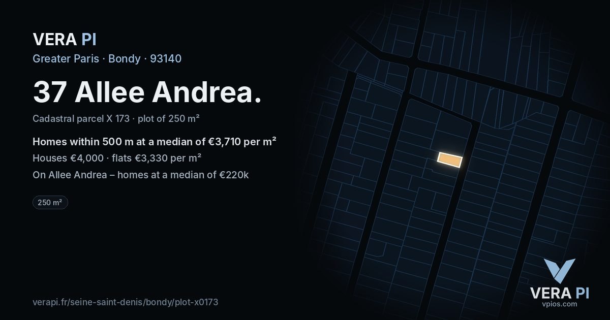 37 Allee Andrea, Bondy at night – the plot lit, the parcels around coloured by the prices near them