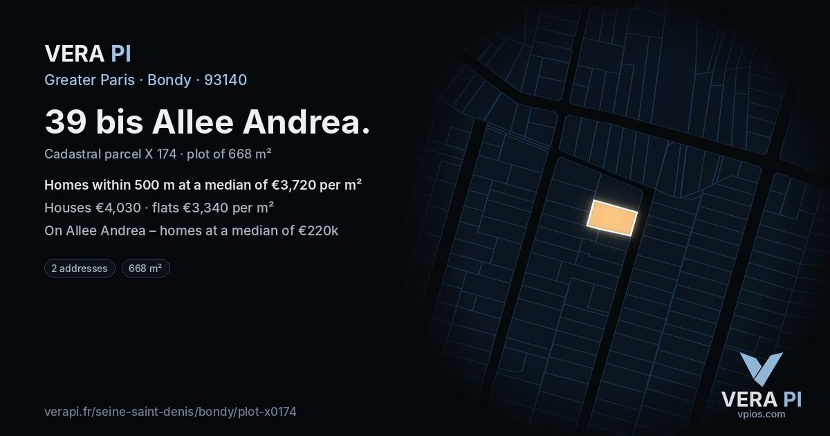 39 bis Allee Andrea, Bondy at night – the plot lit, the parcels around coloured by the prices near them