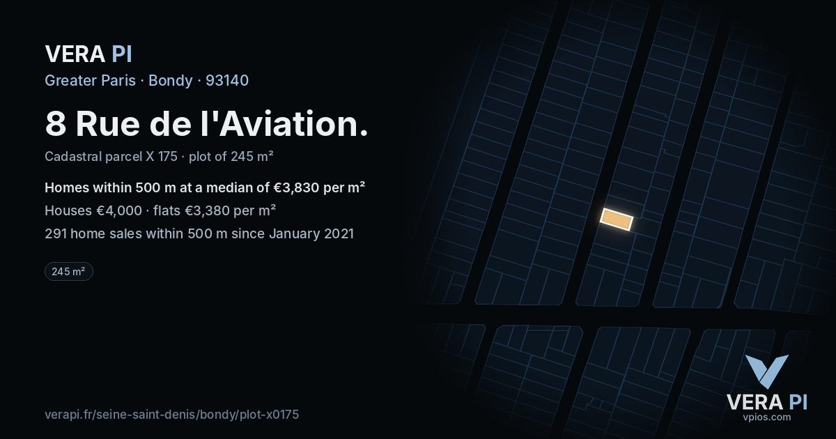 8 Rue de l'Aviation, Bondy at night – the plot lit, the parcels around coloured by the prices near them