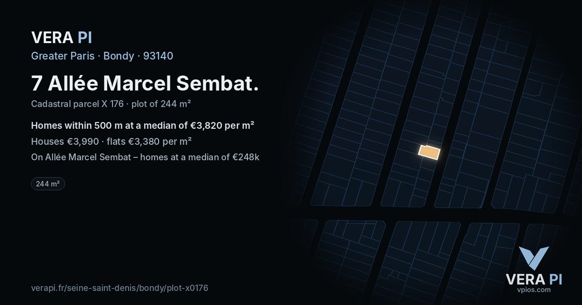 7 Allée Marcel Sembat, Bondy at night – the plot lit, the parcels around coloured by the prices near them