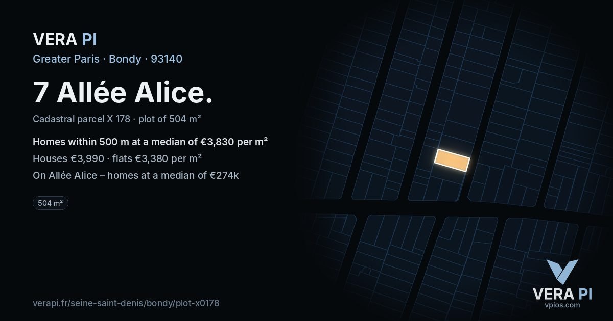 7 Allée Alice, Bondy at night – the plot lit, the parcels around coloured by the prices near them