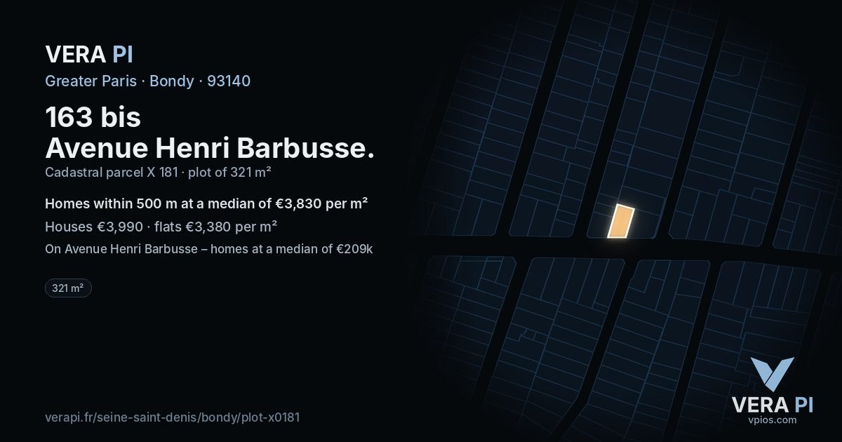 163 bis Avenue Henri Barbusse, Bondy at night – the plot lit, the parcels around coloured by the prices near them