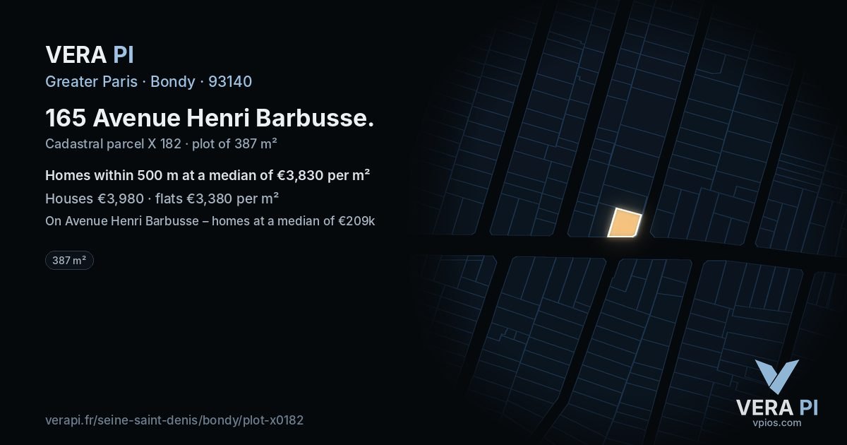 165 Avenue Henri Barbusse, Bondy at night – the plot lit, the parcels around coloured by the prices near them