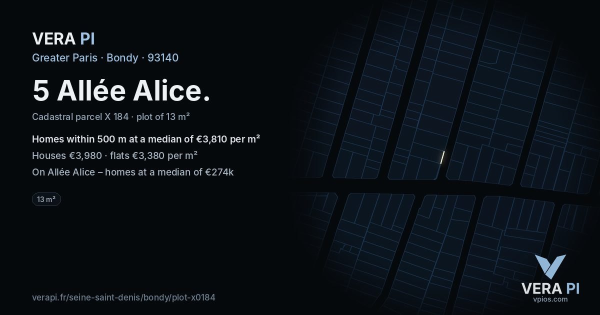 5 Allée Alice, Bondy at night – the plot lit, the parcels around coloured by the prices near them