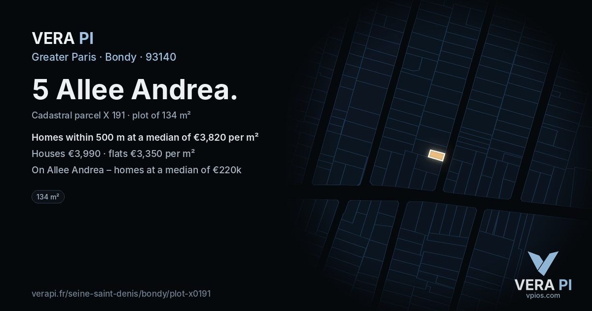 5 Allee Andrea, Bondy at night – the plot lit, the parcels around coloured by the prices near them
