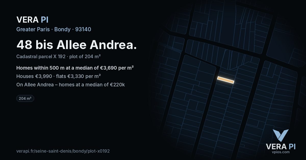 48 bis Allee Andrea, Bondy at night – the plot lit, the parcels around coloured by the prices near them