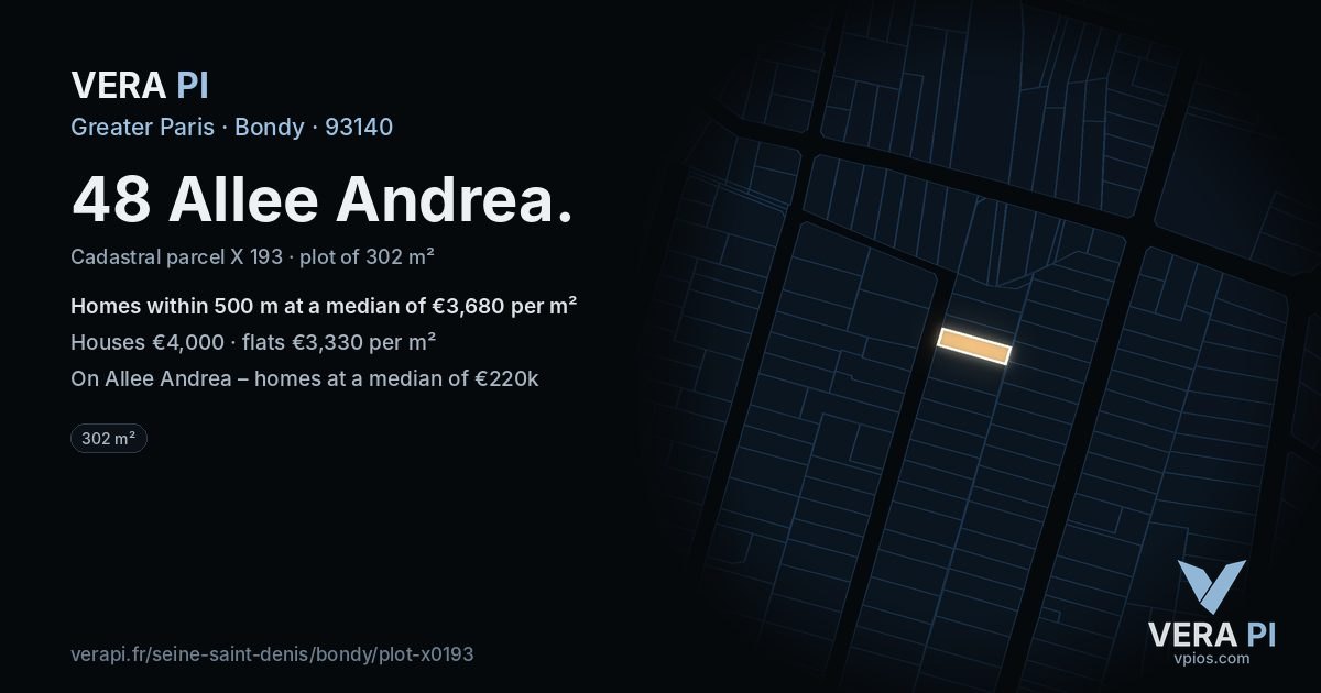 48 Allee Andrea, Bondy at night – the plot lit, the parcels around coloured by the prices near them