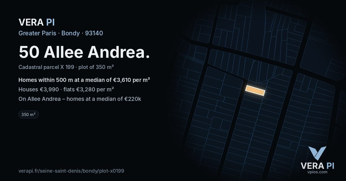 50 Allee Andrea, Bondy at night – the plot lit, the parcels around coloured by the prices near them