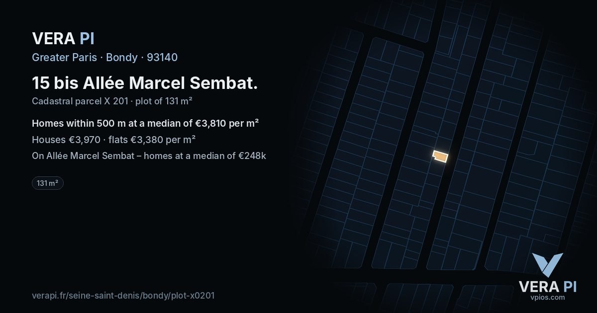 15 bis Allée Marcel Sembat, Bondy at night – the plot lit, the parcels around coloured by the prices near them