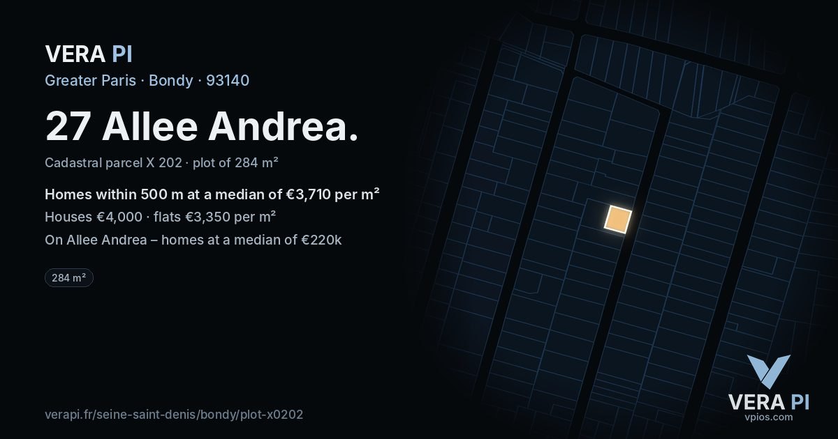 27 Allee Andrea, Bondy at night – the plot lit, the parcels around coloured by the prices near them