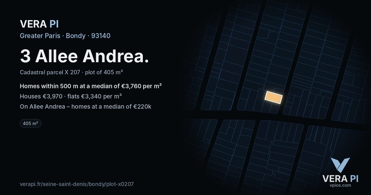 3 Allee Andrea, Bondy at night – the plot lit, the parcels around coloured by the prices near them