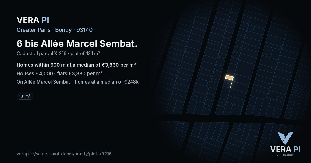6 bis Allée Marcel Sembat, Bondy at night – the plot lit, the parcels around coloured by the prices near them