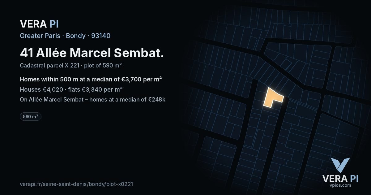 41 Allée Marcel Sembat, Bondy at night – the plot lit, the parcels around coloured by the prices near them