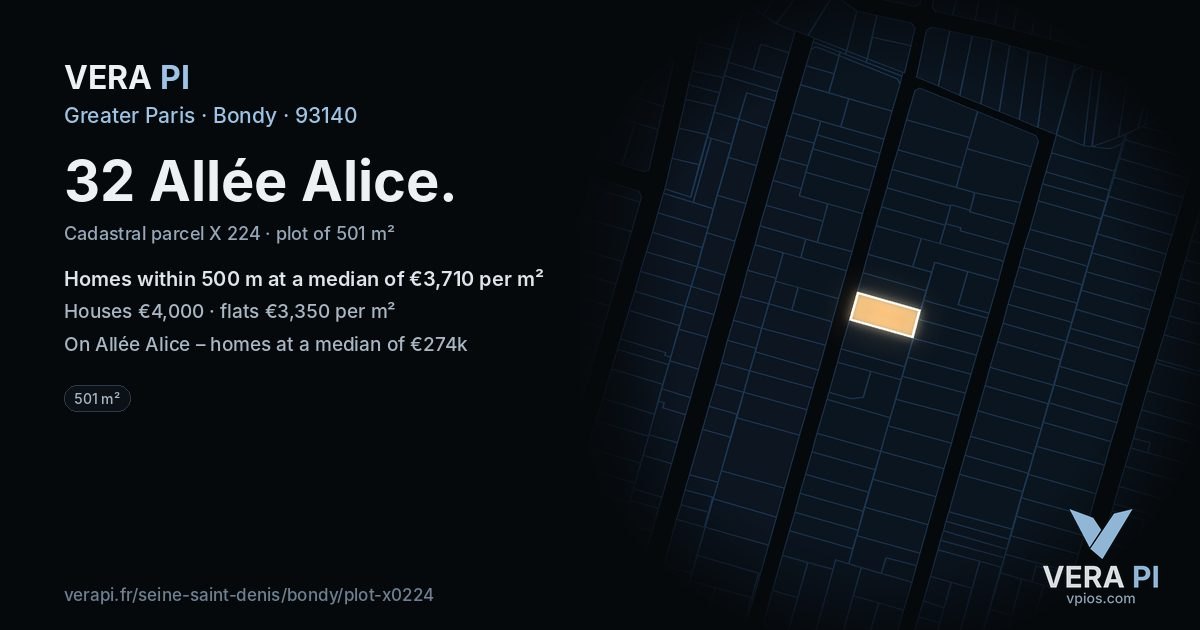 32 Allée Alice, Bondy at night – the plot lit, the parcels around coloured by the prices near them