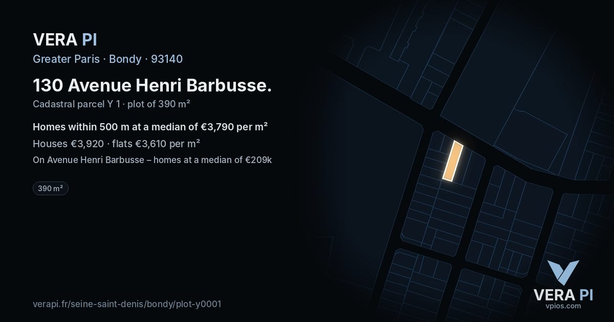 130 Avenue Henri Barbusse, Bondy at night – the plot lit, the parcels around coloured by the prices near them