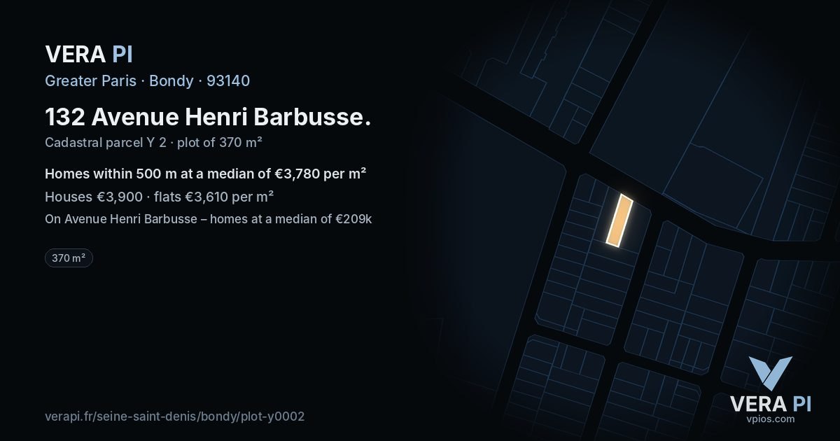 132 Avenue Henri Barbusse, Bondy at night – the plot lit, the parcels around coloured by the prices near them