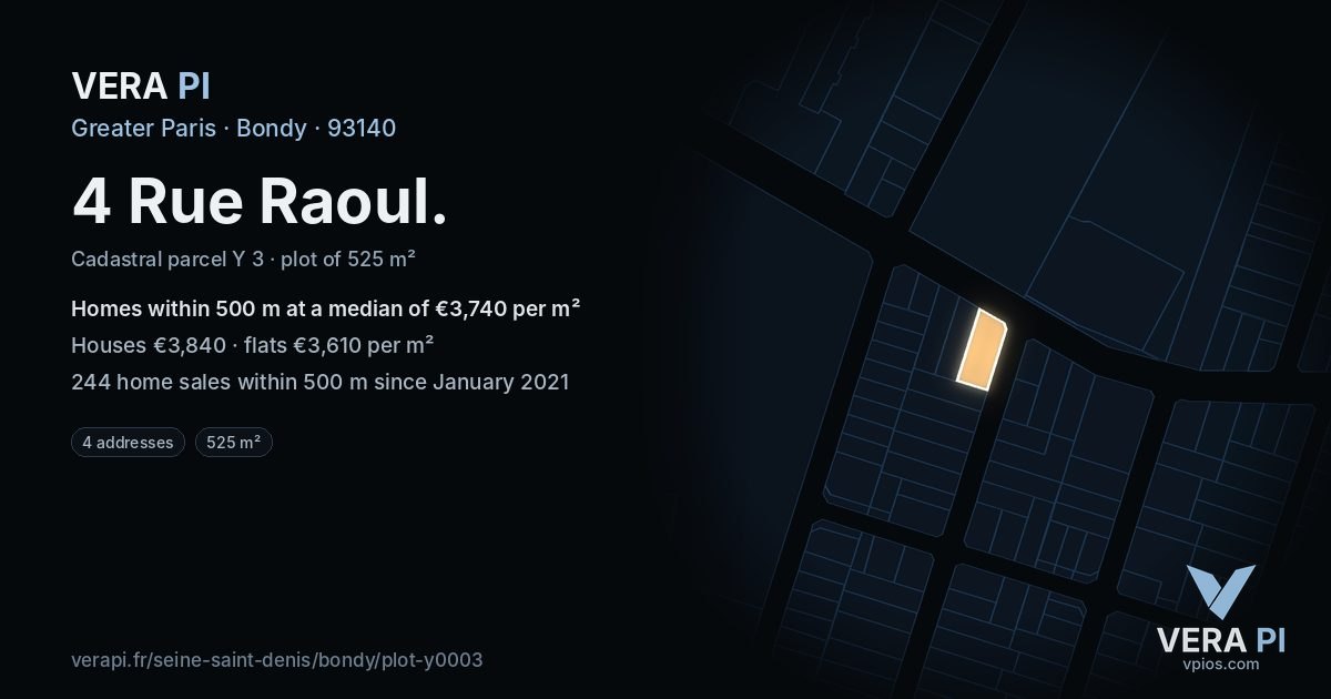 4 Rue Raoul, Bondy at night – the plot lit, the parcels around coloured by the prices near them
