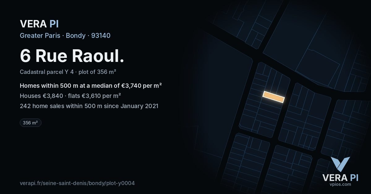 6 Rue Raoul, Bondy at night – the plot lit, the parcels around coloured by the prices near them