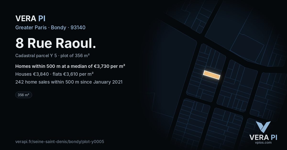 8 Rue Raoul, Bondy at night – the plot lit, the parcels around coloured by the prices near them