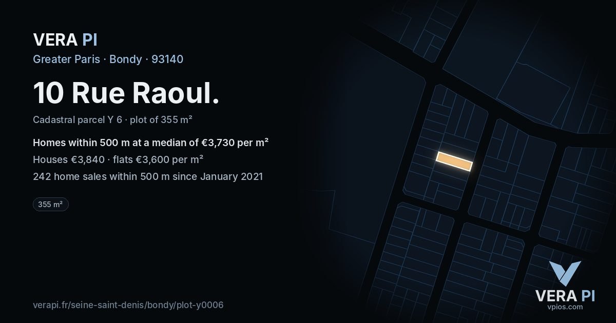 10 Rue Raoul, Bondy at night – the plot lit, the parcels around coloured by the prices near them