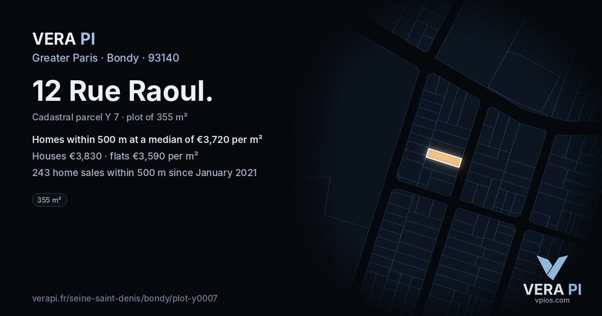 12 Rue Raoul, Bondy at night – the plot lit, the parcels around coloured by the prices near them