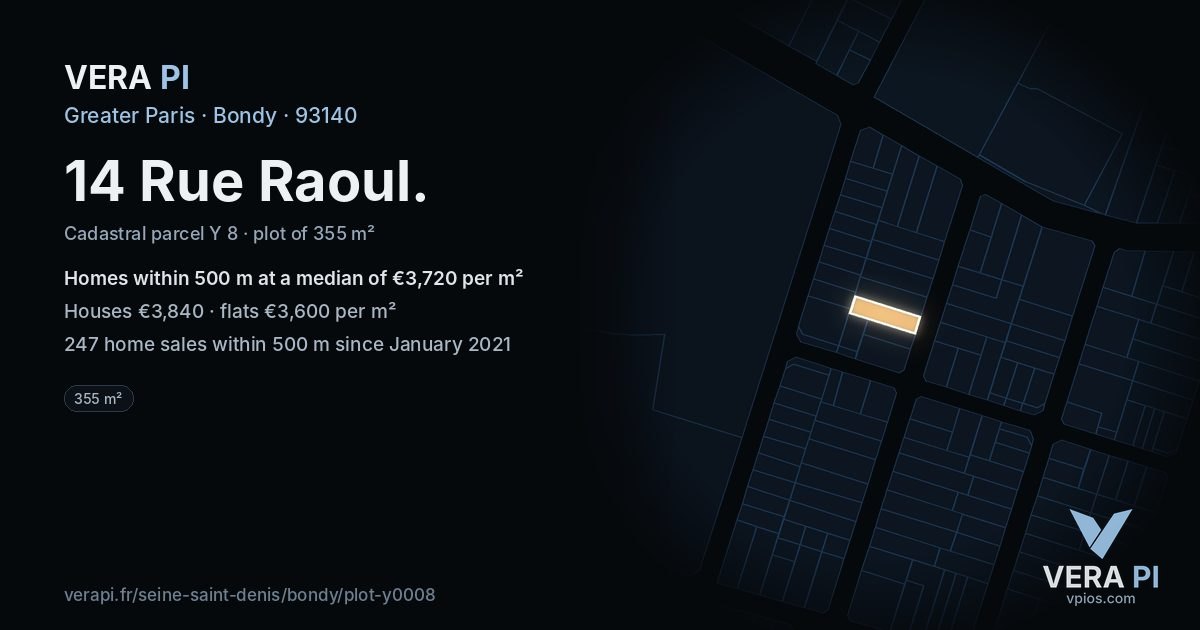 14 Rue Raoul, Bondy at night – the plot lit, the parcels around coloured by the prices near them