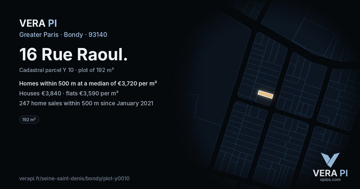 16 Rue Raoul, Bondy at night – the plot lit, the parcels around coloured by the prices near them
