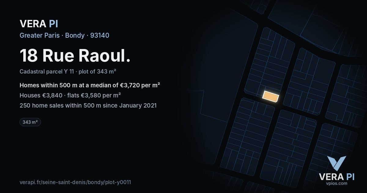 18 Rue Raoul, Bondy at night – the plot lit, the parcels around coloured by the prices near them