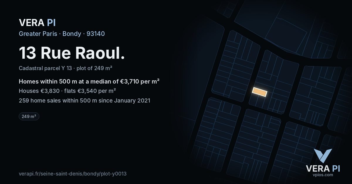 13 Rue Raoul, Bondy at night – the plot lit, the parcels around coloured by the prices near them