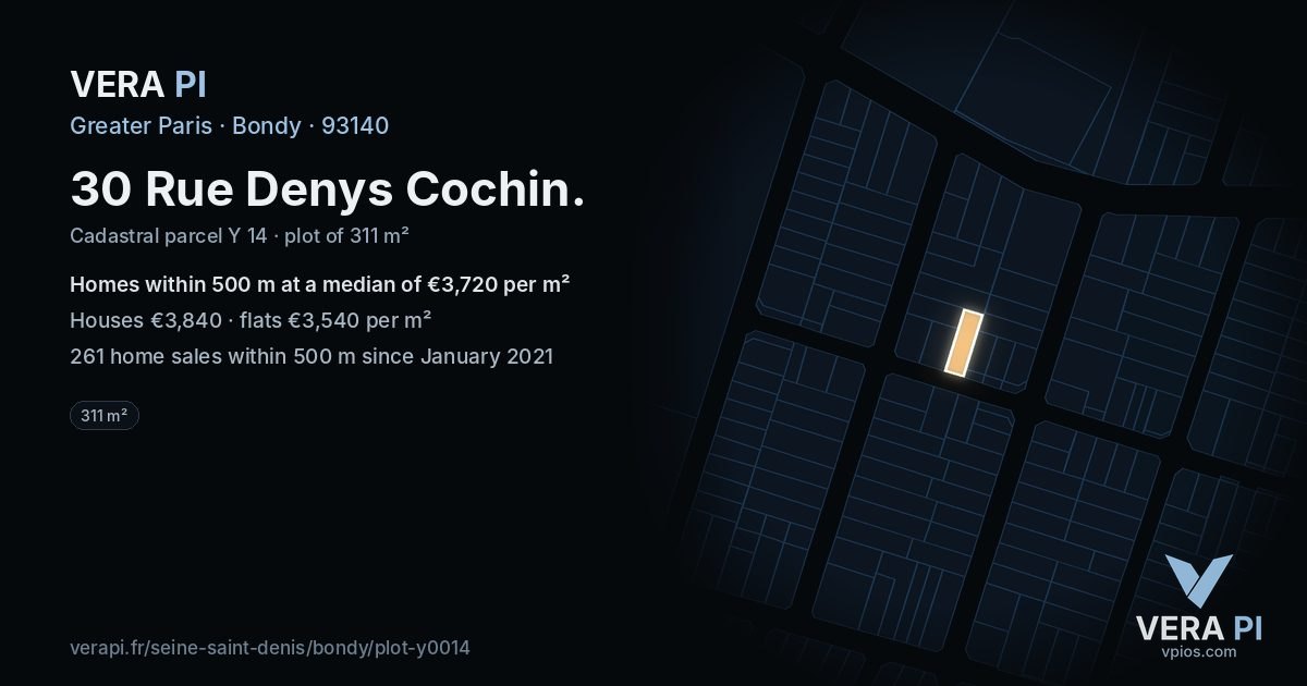 30 Rue Denys Cochin, Bondy at night – the plot lit, the parcels around coloured by the prices near them