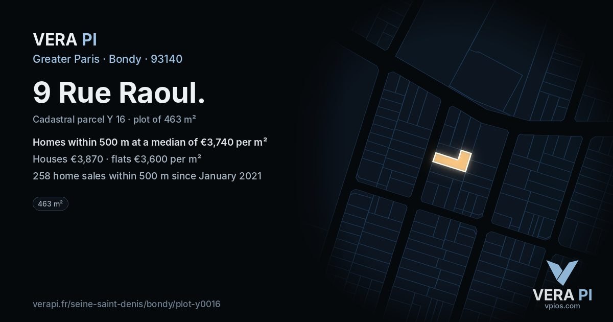 9 Rue Raoul, Bondy at night – the plot lit, the parcels around coloured by the prices near them