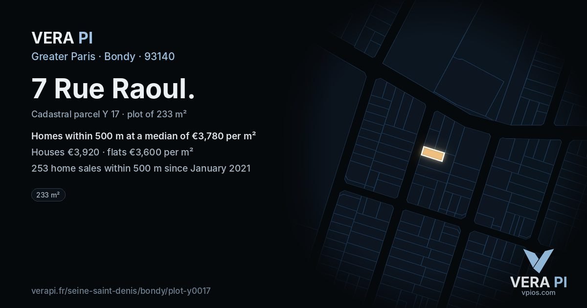 7 Rue Raoul, Bondy at night – the plot lit, the parcels around coloured by the prices near them