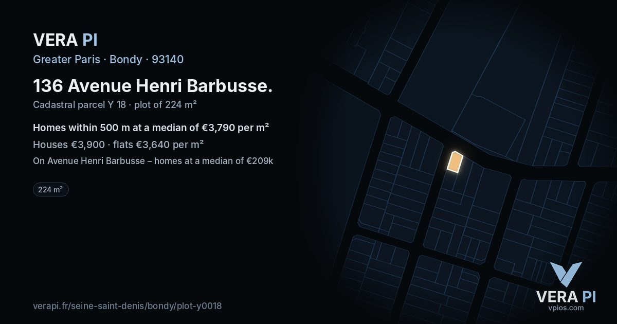136 Avenue Henri Barbusse, Bondy at night – the plot lit, the parcels around coloured by the prices near them