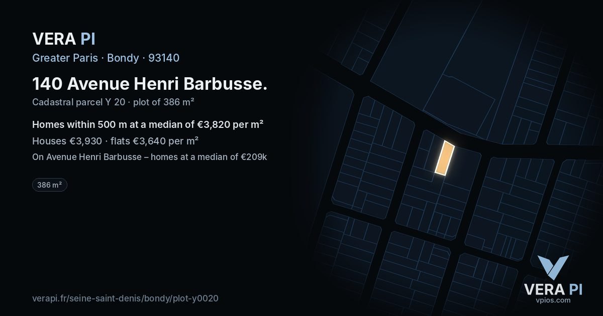 140 Avenue Henri Barbusse, Bondy at night – the plot lit, the parcels around coloured by the prices near them