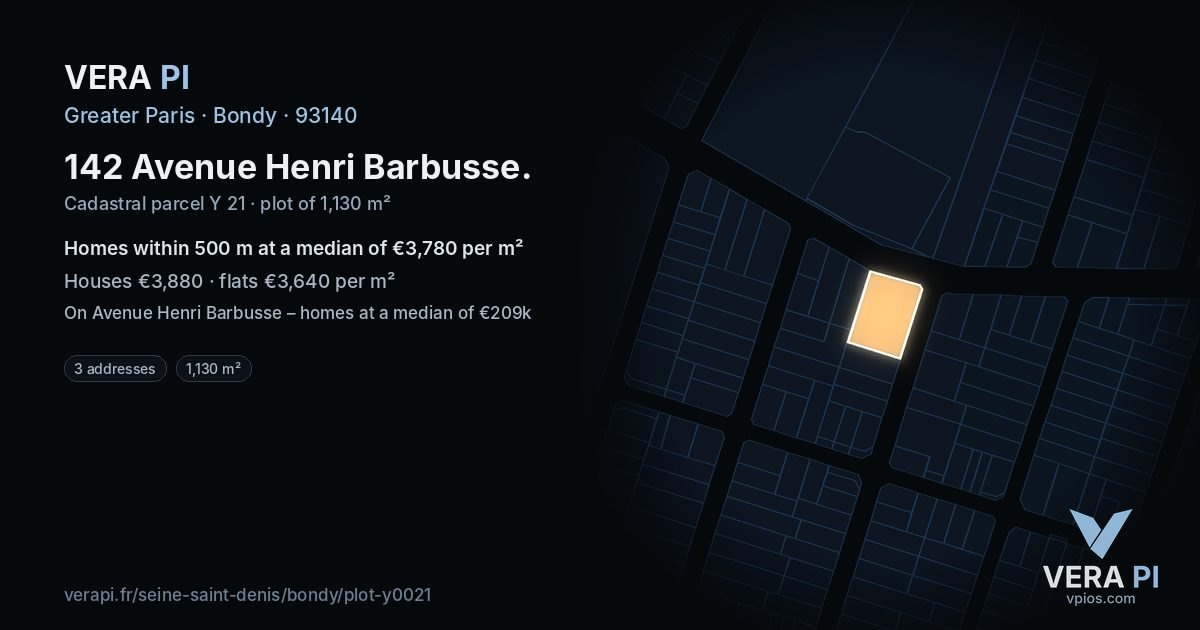 142 Avenue Henri Barbusse, Bondy at night – the plot lit, the parcels around coloured by the prices near them