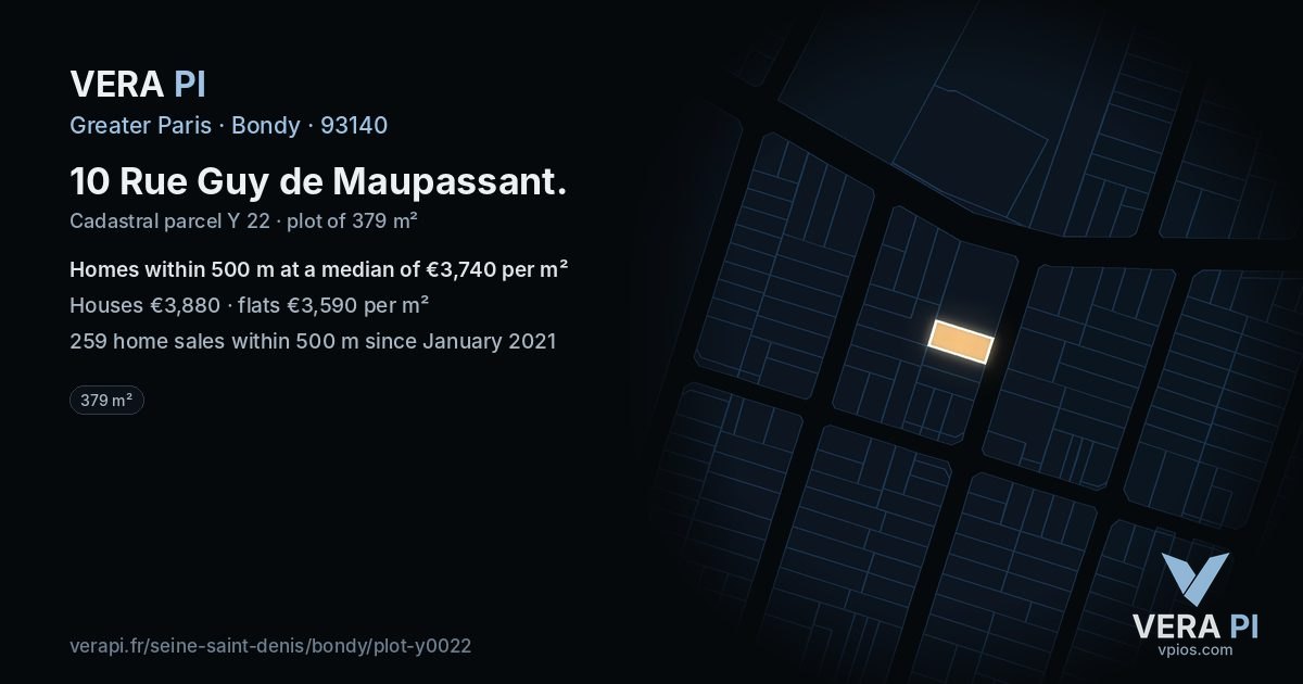 10 Rue Guy de Maupassant, Bondy at night – the plot lit, the parcels around coloured by the prices near them