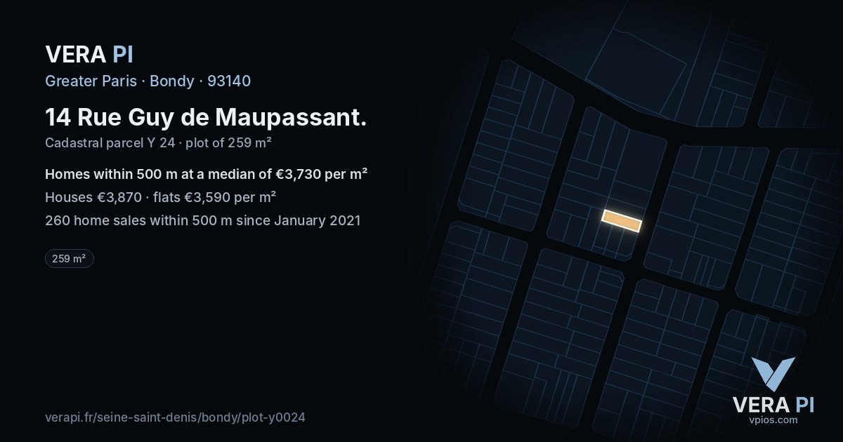 14 Rue Guy de Maupassant, Bondy at night – the plot lit, the parcels around coloured by the prices near them