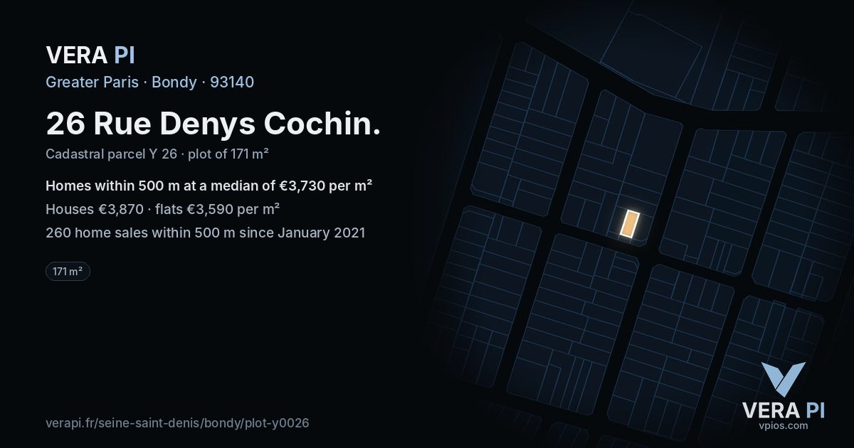 26 Rue Denys Cochin, Bondy at night – the plot lit, the parcels around coloured by the prices near them
