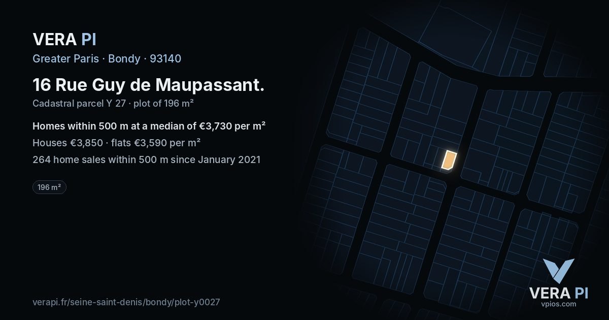 16 Rue Guy de Maupassant, Bondy at night – the plot lit, the parcels around coloured by the prices near them