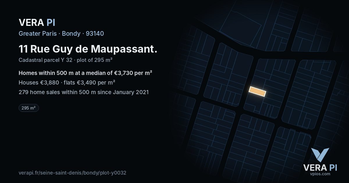 11 Rue Guy de Maupassant, Bondy at night – the plot lit, the parcels around coloured by the prices near them