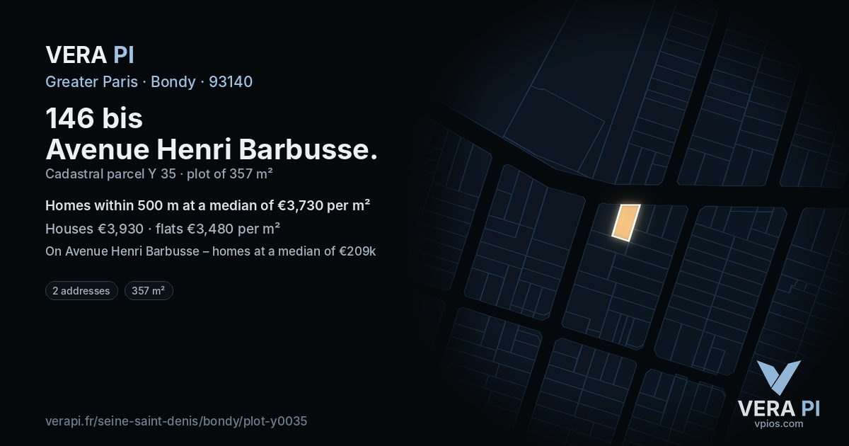 146 bis Avenue Henri Barbusse, Bondy at night – the plot lit, the parcels around coloured by the prices near them
