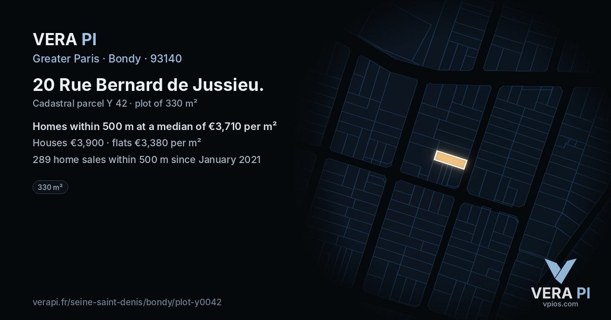 20 Rue Bernard de Jussieu, Bondy at night – the plot lit, the parcels around coloured by the prices near them