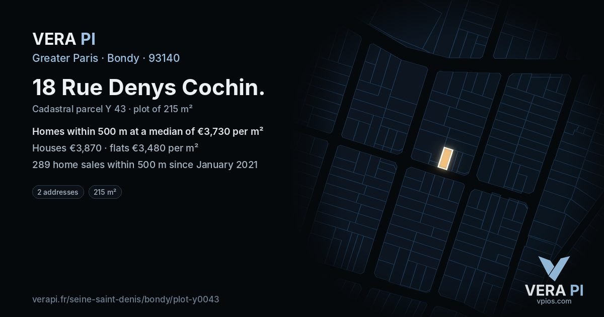 18 Rue Denys Cochin, Bondy at night – the plot lit, the parcels around coloured by the prices near them