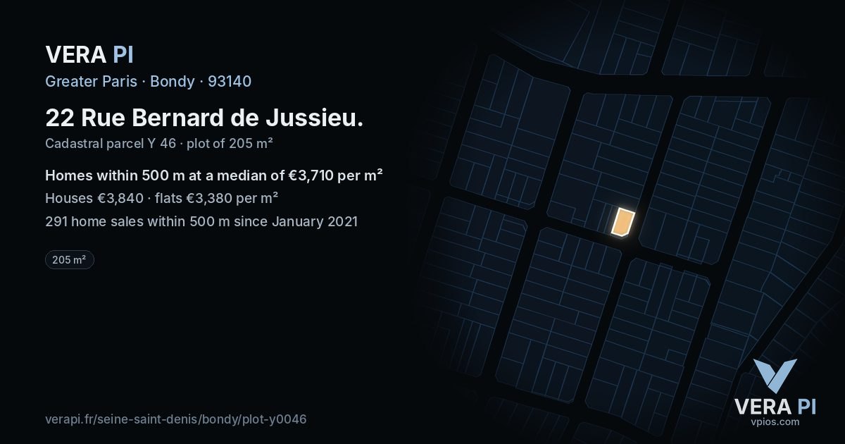 22 Rue Bernard de Jussieu, Bondy at night – the plot lit, the parcels around coloured by the prices near them